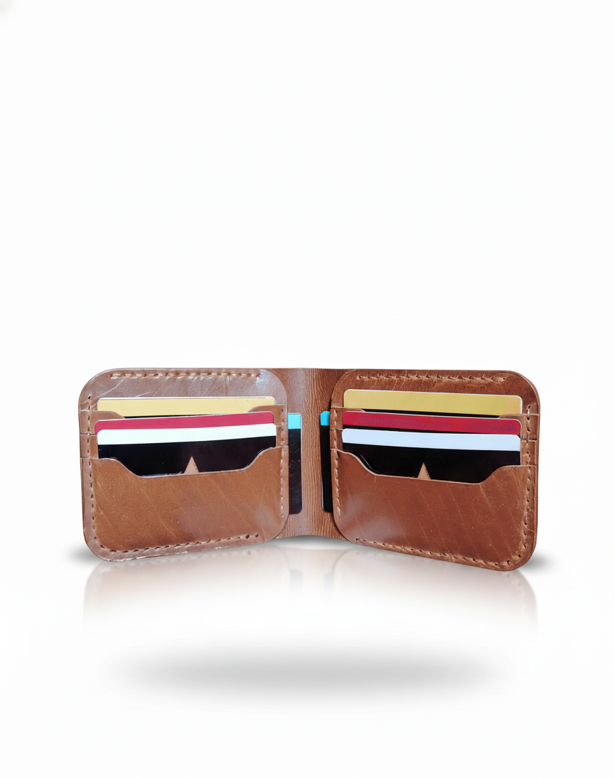 Brown leather wallet with card slots on a white background