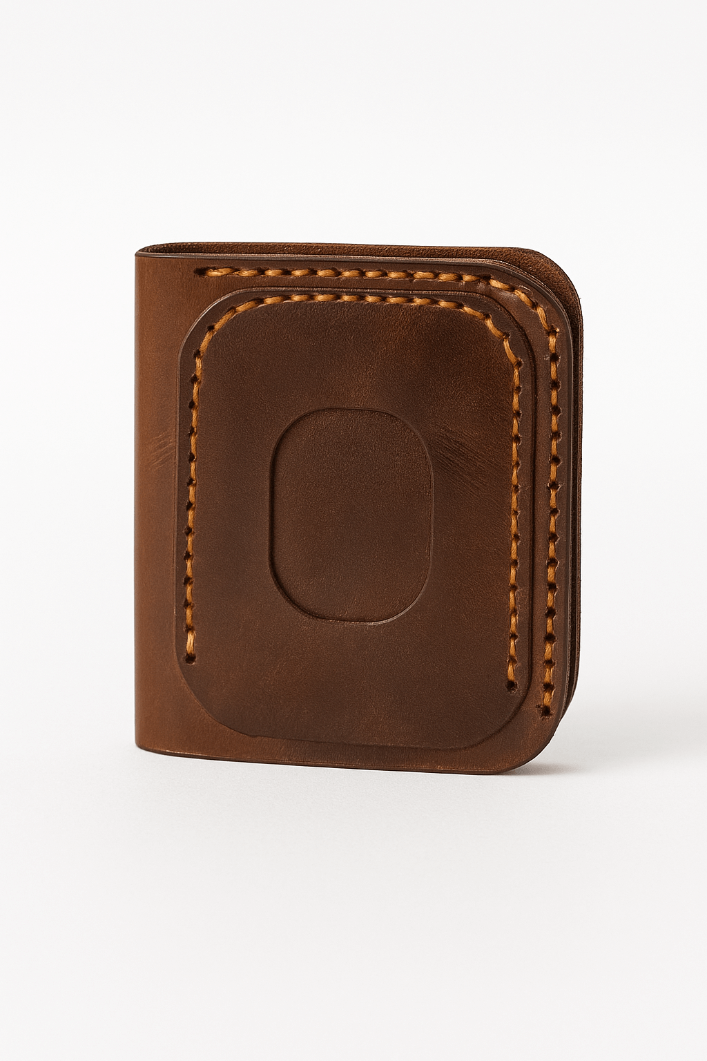 Brown leather wallet with visible stitching on a white background
