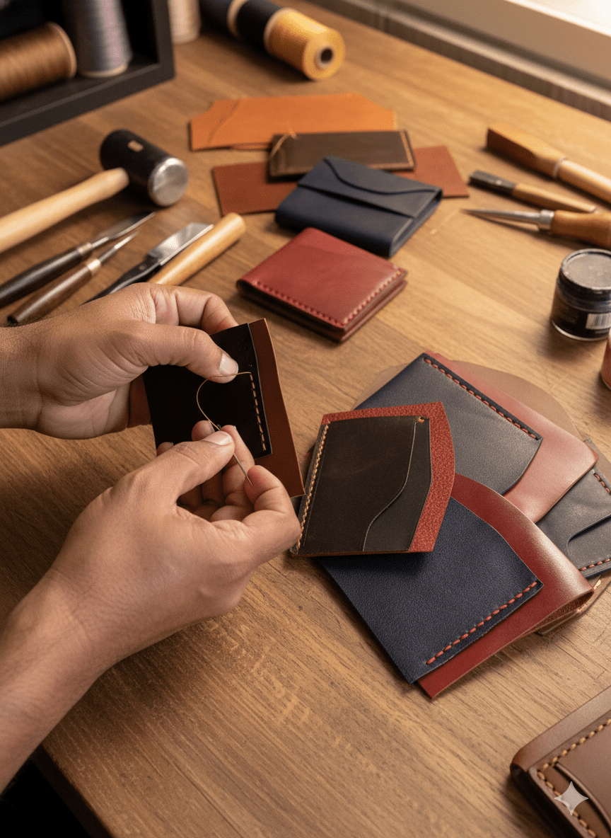 Person working on leather wallets with tools and materials on a wooden table