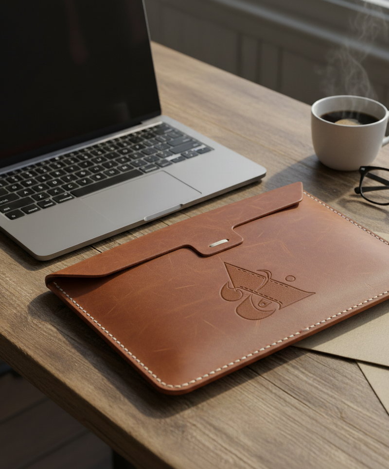 Brown leather laptop sleeve on a wooden desk with a laptop, coffee cup, and glasses.