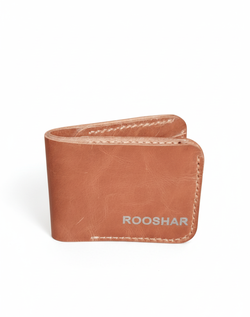 Brown leather wallet with 'ROOSHAR' branding on a white background