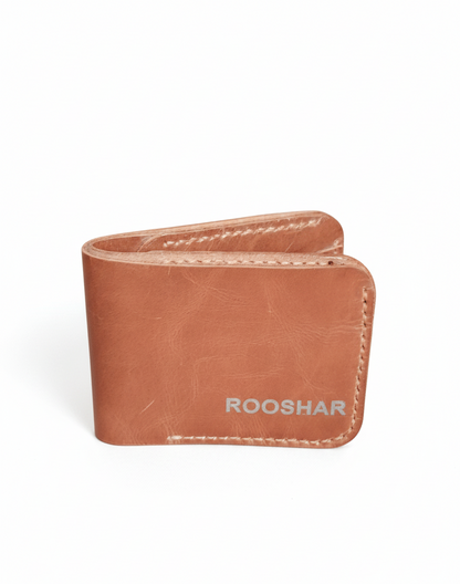 Brown leather wallet with 'ROOSHAR' branding on a white background