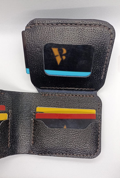 Black leather wallet with card slots on a white background