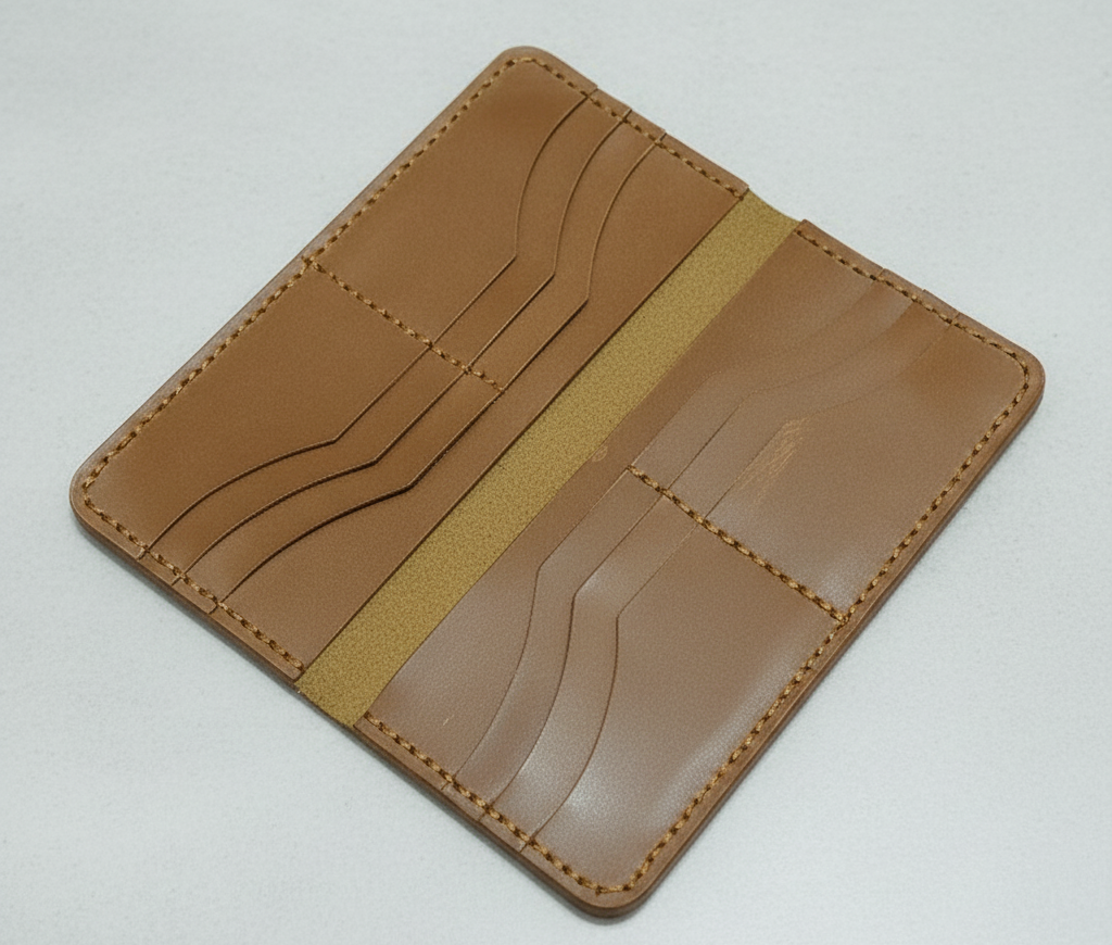Brown leather cardholder on a light gray background