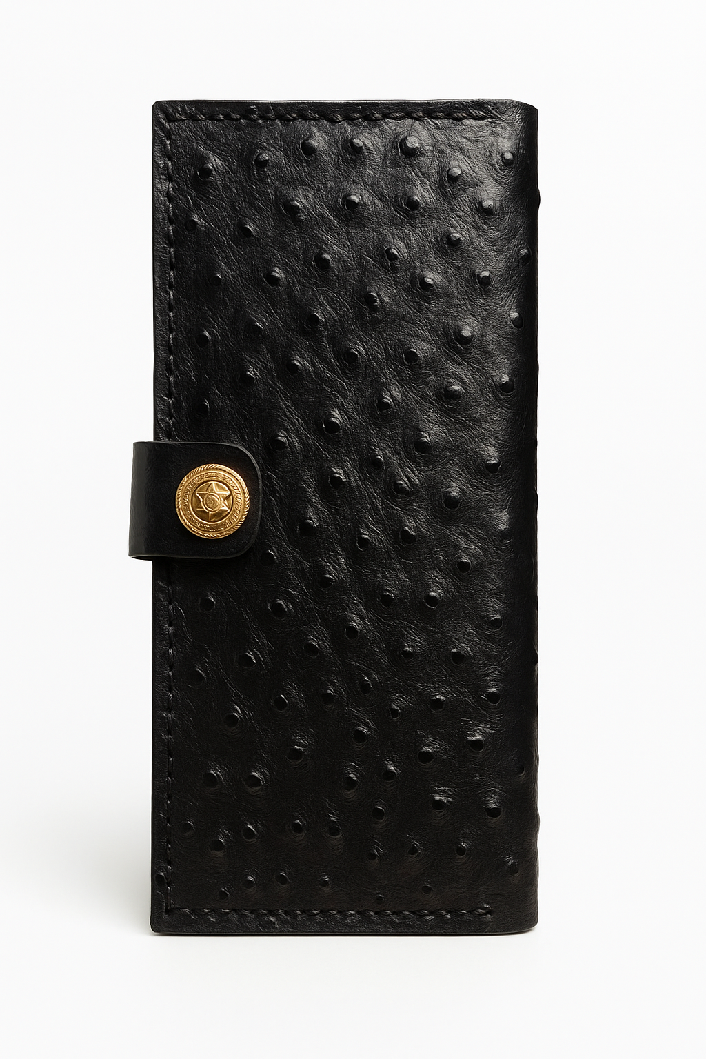 Black ostrich leather wallet with gold clasp on a white background
