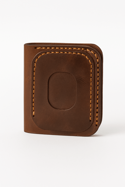 Brown leather wallet with visible stitching on a white background