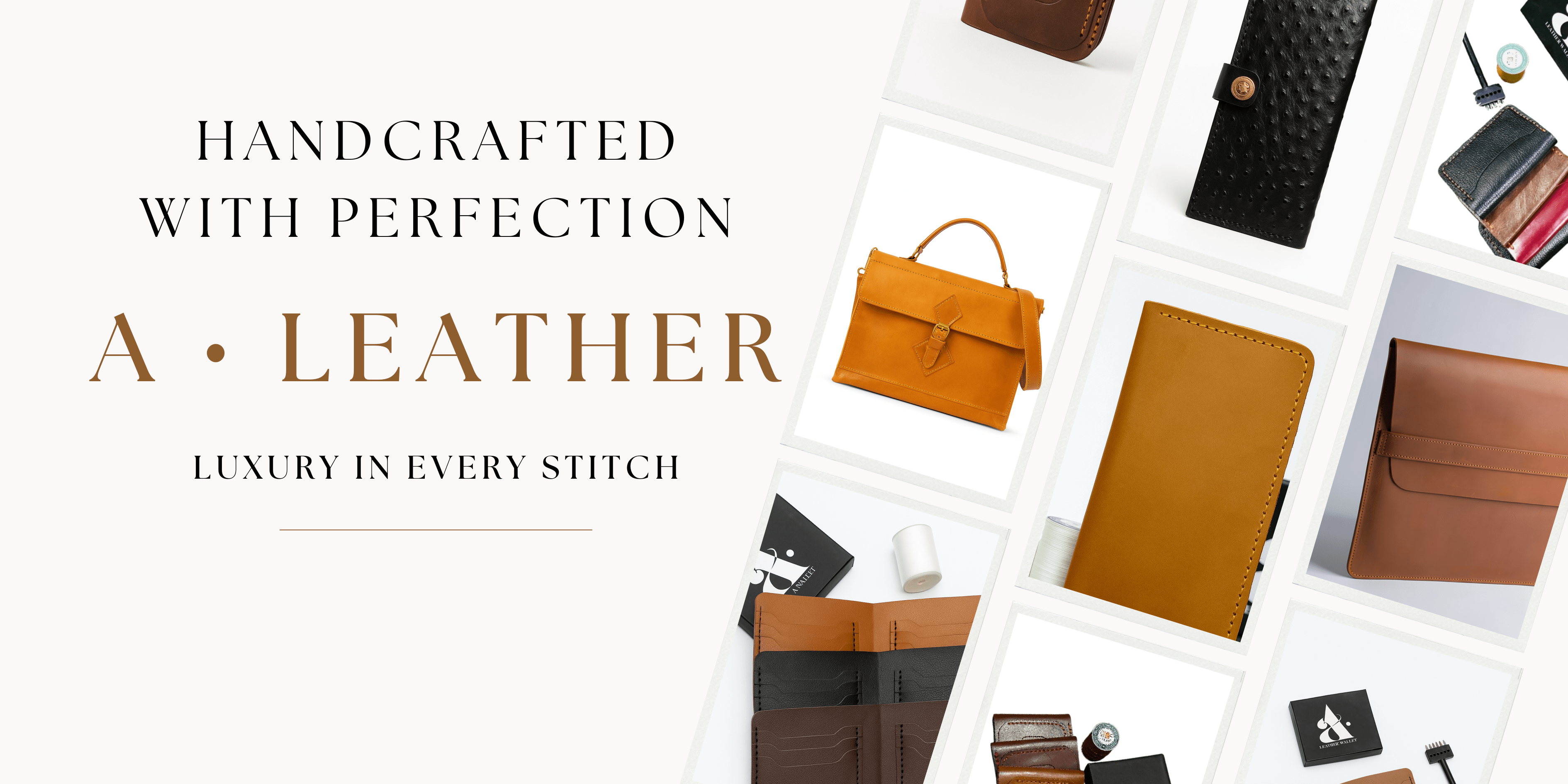 Collection of leather products with 'A Leather' branding on a white background