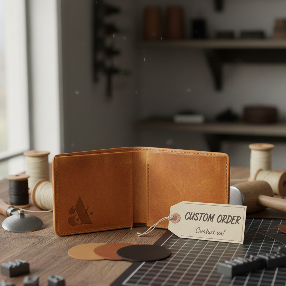 Brown leather wallet with 'Custom Order' tag on a wooden table with crafting materials.