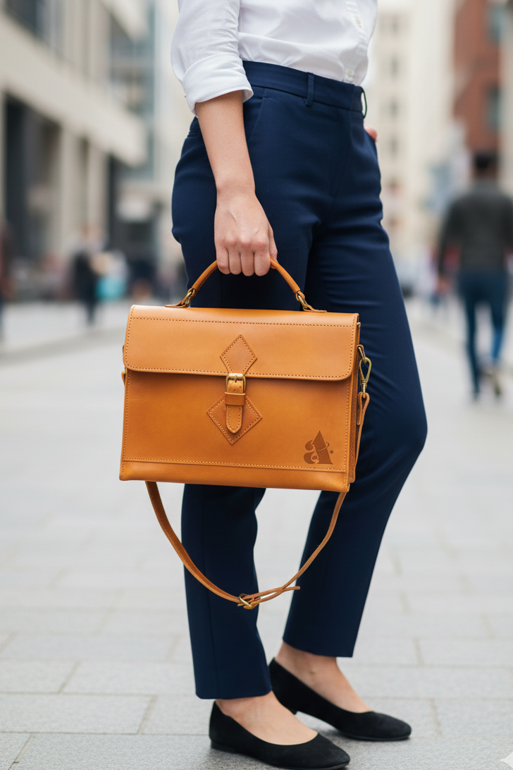 lady holding a. leather laptop bag